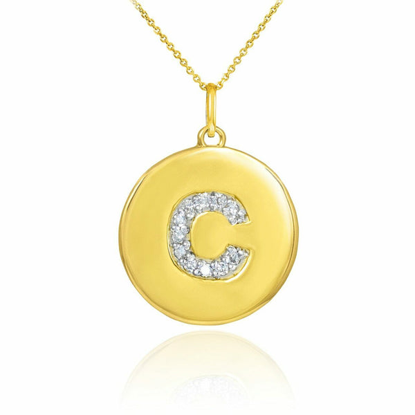 Solid 10k Yellow Gold Letter "C" Initial Diamond Disc Charm Pendant Necklace