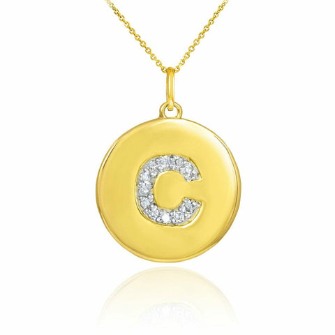 Solid 10k Yellow Gold Letter "C" Initial Diamond Disc Charm Pendant Necklace