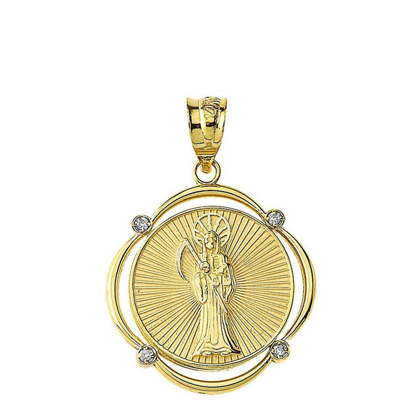 Solid 10k Yellow Gold Gold Santa Muerte Diamond Halo Frame Pendant Necklace