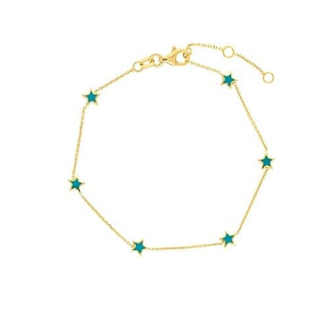 14K Solid Yellow Gold 6 pieces Turquoise Blue Star Station Adjustable Bracelet