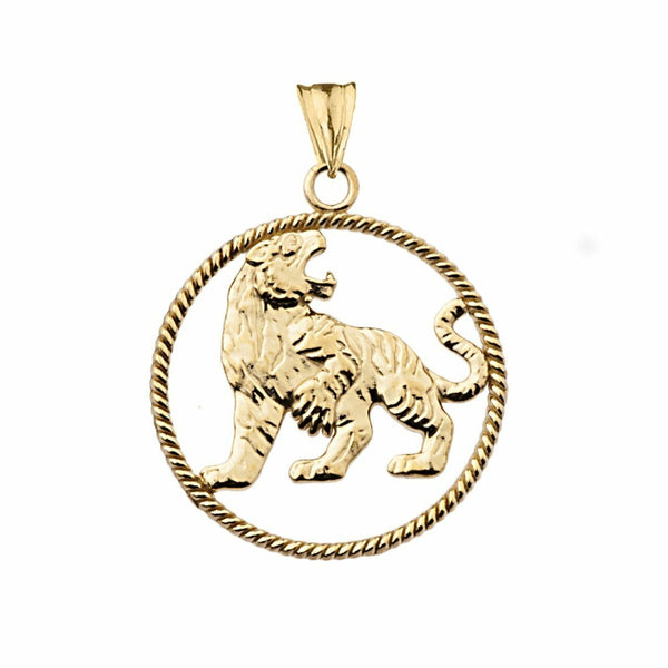 10K Solid Yellow Gold Lion Rope Pendant Necklace