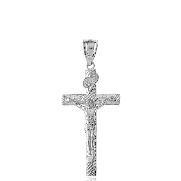 10K Solid Gold INRI Jesus of Nazareth Crucifix Wooden Texture Pendant Necklace