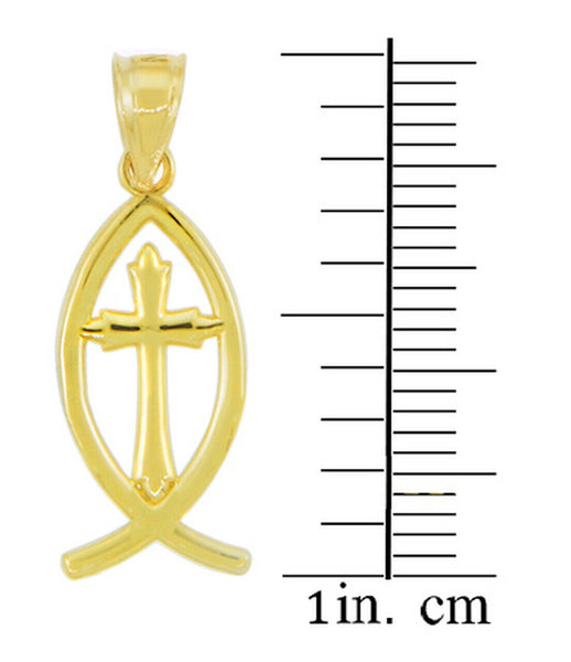 10k Solid Gold Christian Cross Charm Jesus Christ Ichthus Fish Pendant Necklace