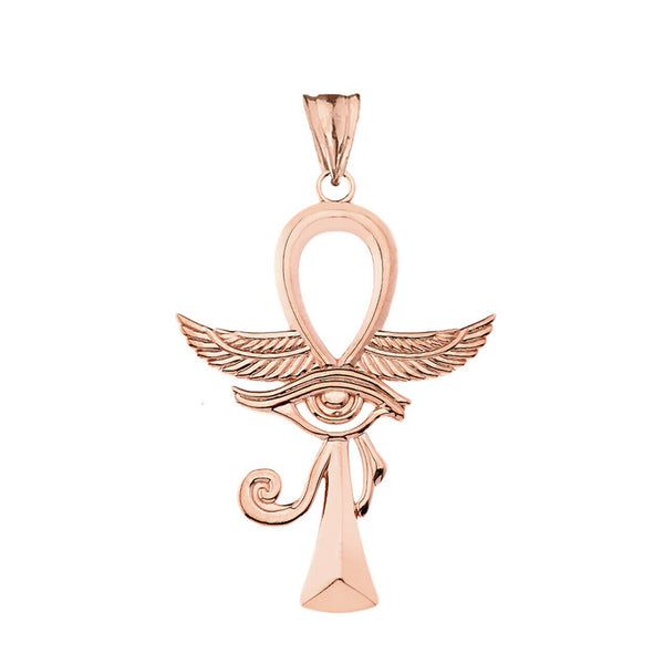 10k Solid Rose Gold Ankh With Eye of Horus Pendant Necklace