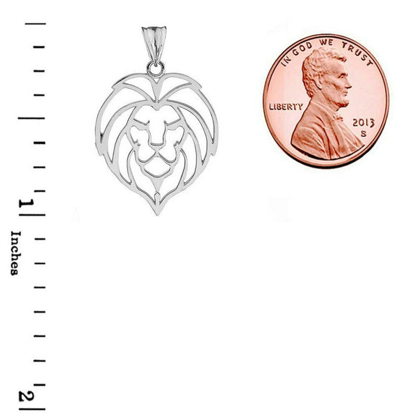 14K Solid Fine White Gold Lion Head Cut Out Pendant Necklace