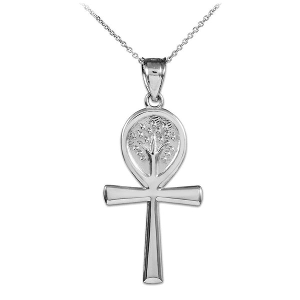 10K Real White Gold Ankh Cross Tree of Life Pendant Necklace