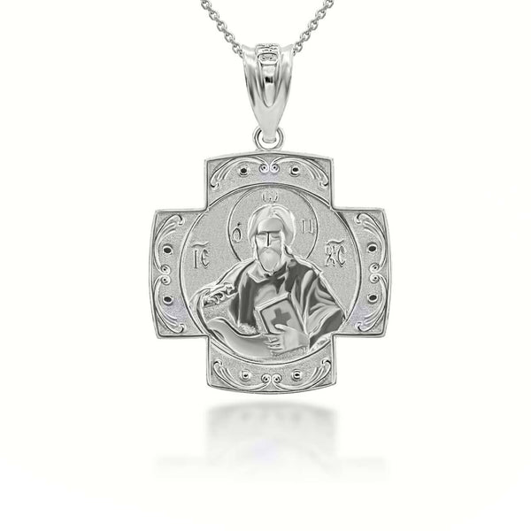 Sterling Silver Jesus Mary Two Sided Russian Orthodox Cross Pendant Necklace