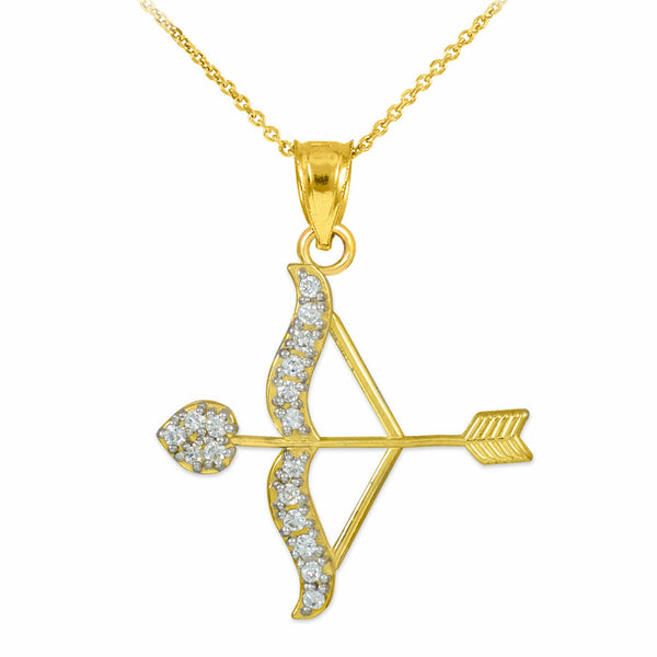 10k 14k Solid Gold Diamond Cupid Arrow Bow Love Heart Pendant Necklace