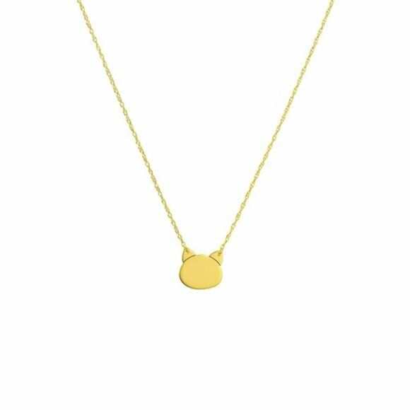 14K Solid Real Yellow Gold Mini Small Cat's Head Necklace Adjustable 16"-18"