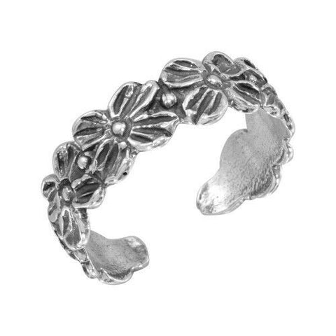 NEW Fine 925 Sterling Silver Flower Link Adjustable Toe Finger Ring Oxidized