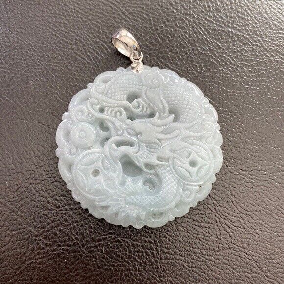 925 Sterling Silver Carving Jade Dragon Large Pendant Necklace