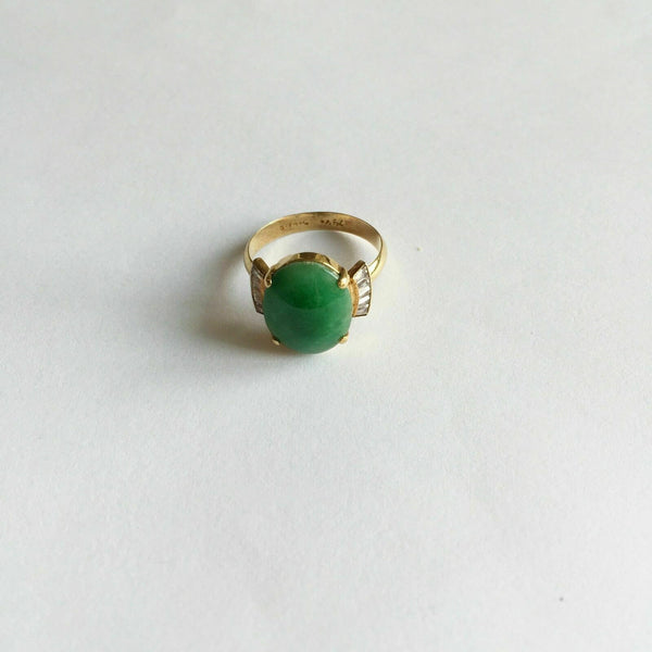 14K Solid Yellow Gold Oval Green Jade CZ Ring Size 6.25