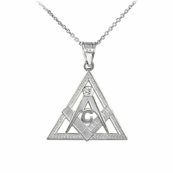 925 Sterling Silver Freemason Triangle Masonic CZ Pendant Necklace