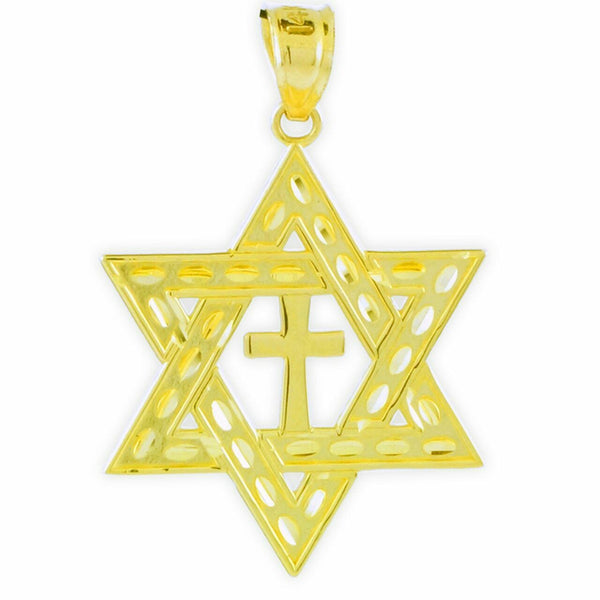 Solid 14k Yellow Gold Jewish Star of David Cross Pendant Necklace Medium 1.25"