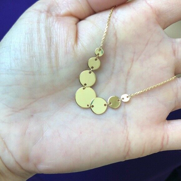14K Solid Yellow Gold Graduated Disc Disk Necklace Adjustable 16" - 18"