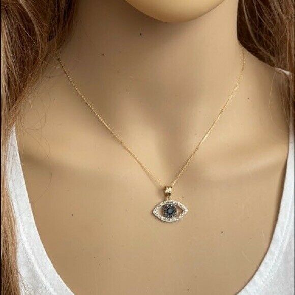 14k Real White Gold Evil Eye with 16 Clear and 8 Black Diamond Pendant Necklace