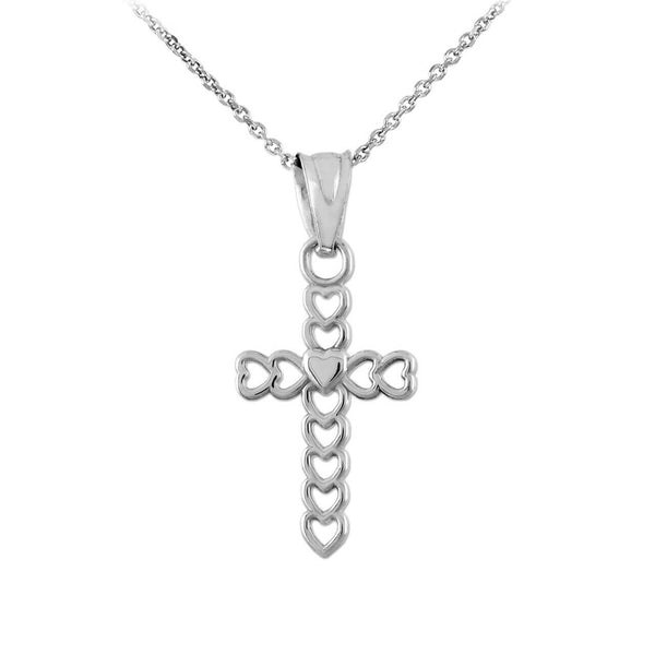 10K Solid Gold Open Hearts Cross Pendant Necklace - Yellow, Rose, or White