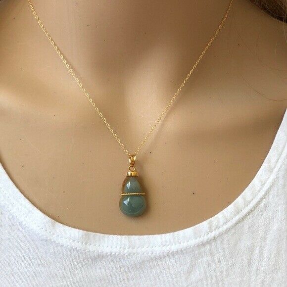 14K Solid Gold Natural Real Jade Gourd Bottle Pendant Necklace -Minimalist