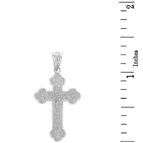 .925 Sterling Silver Greek Orthodox Floral Rose Cross Pendant Necklace