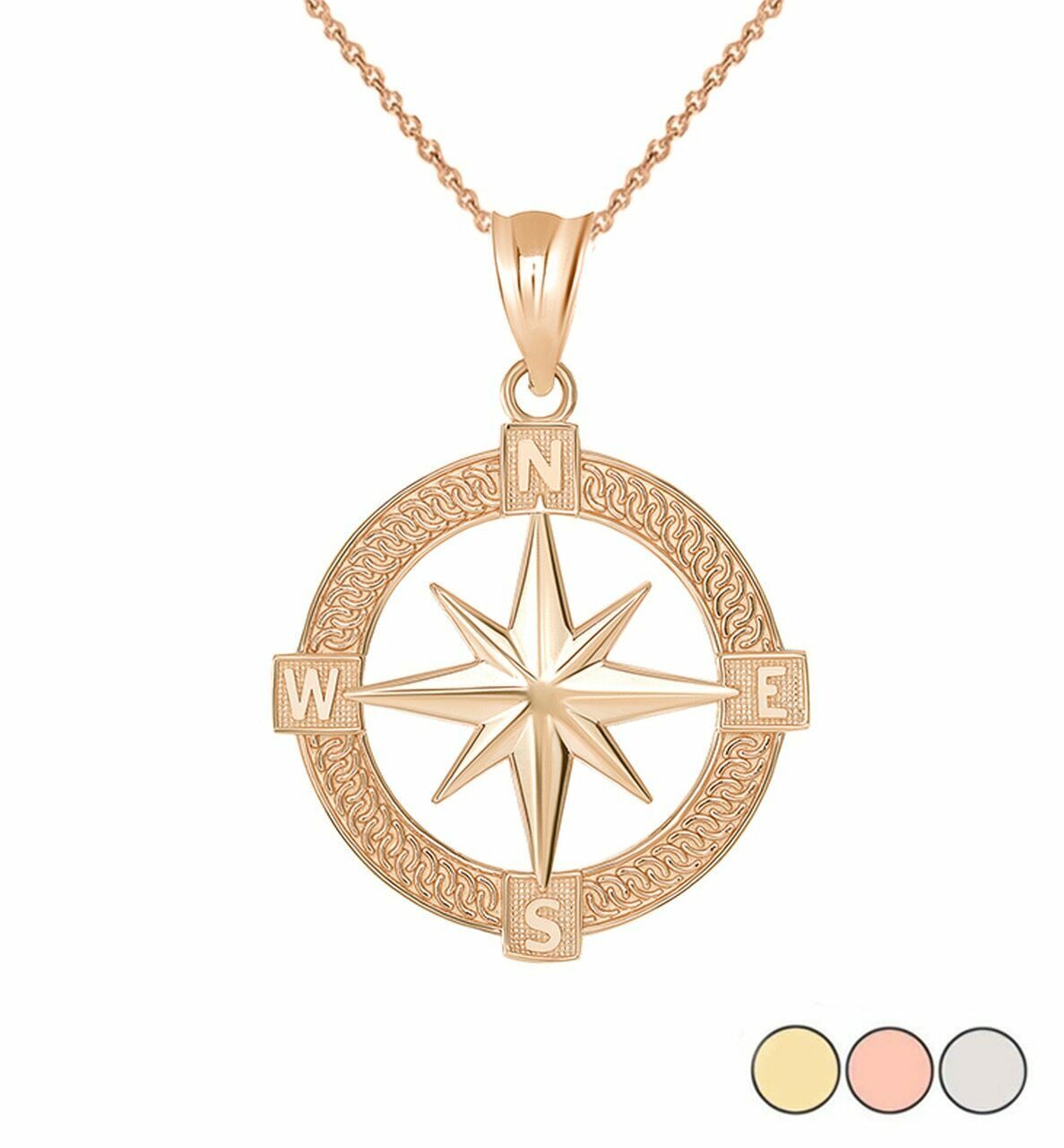 10k Rose Solid Gold The North Star Nautical Compass Graduation Pendant Necklace