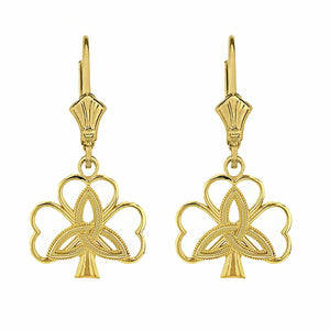 10k Real Yellow Gold Clover Triquetra Irish Celtic Disc Leverback Earrings