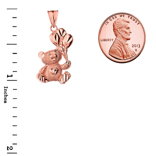14K Solid Gold Teddy Bear with Balloon Pendant Necklace -Yellow, Rose, or White