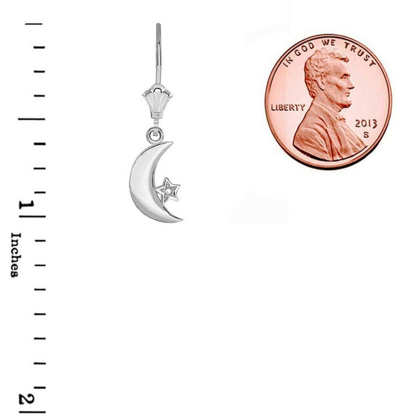 .925 Sterling Silver Crescent Moon and Star Leverback Earrings
