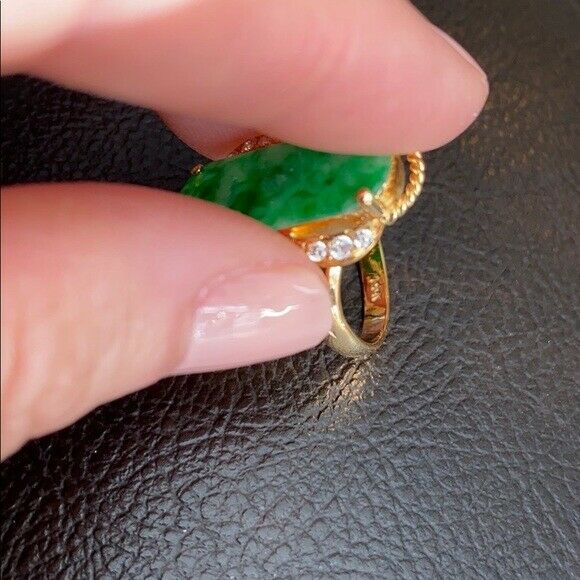 14K Solid Real Yellow Gold Rectangle Green Jade CZ Ring Size 6.75