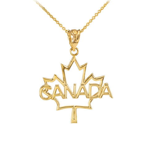 14K Solid Yellow Gold Maple Leaf "CANADA" Word Pendant Necklace