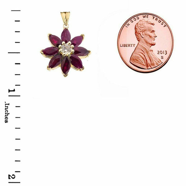 Solid 10k Yellow Gold Genuine Ruby and Diamond Daisy Pendant Necklace
