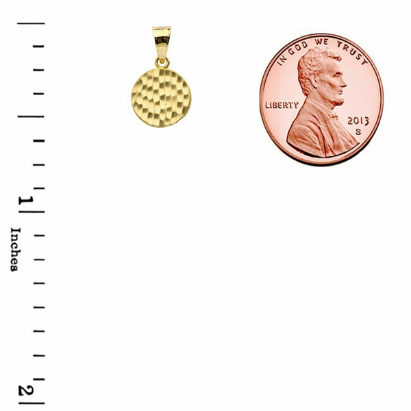Solid 10k Yellow Gold Mini Hammered Round Small Disk Disc Pendant Necklace