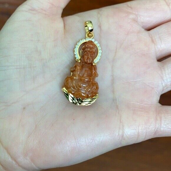 14K Solid Real Gold Natural Jadeite Red Jade Kwan Yin Lady Buddha Pendant