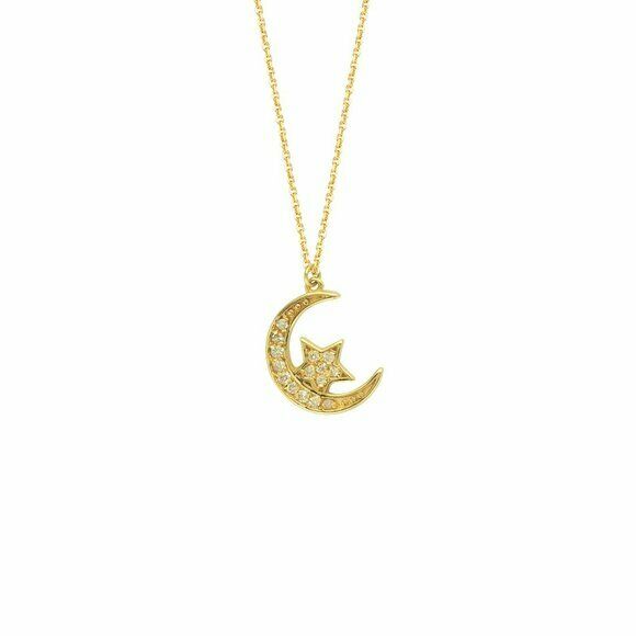 14K Solid Yellow Gold Half Moon and Star Diamond Necklace 16"-18" Adjustable