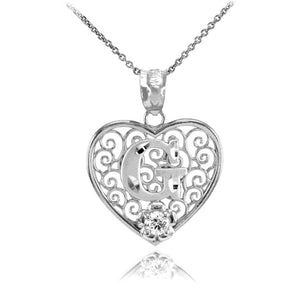 925 Sterling Silver Filigree Heart CZ Initial Letter G Pendant Necklace