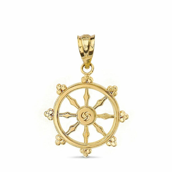 14k Solid Yellow Gold Buddhism Dharmachakra Dharma Wheel Pendant Necklace