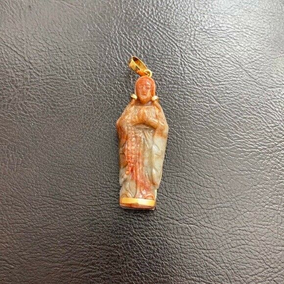 14K Solid Gold The Blessed Virgin Mary Prayer Carved Natural Red Jade Pendant