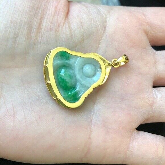 14K Solid Gold Happy Laughing Buddha Natural Green Jade Religious Pendant -P476
