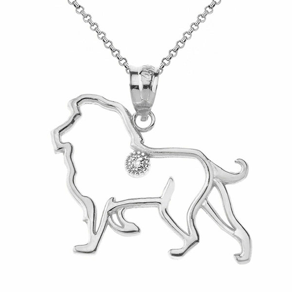 Solid Gold Diamond Lion Strength Justice Power Outline Openwork Pendant Necklace