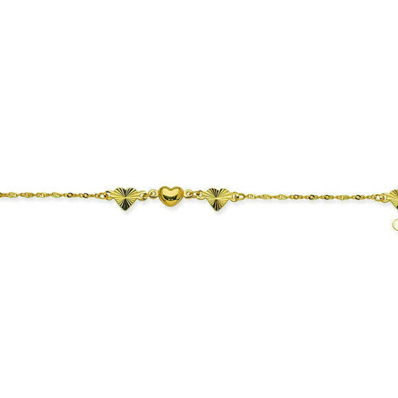 14K Solid Gold Puff Heart DC Station Anklet - Yellow 9"-10" adjustable
