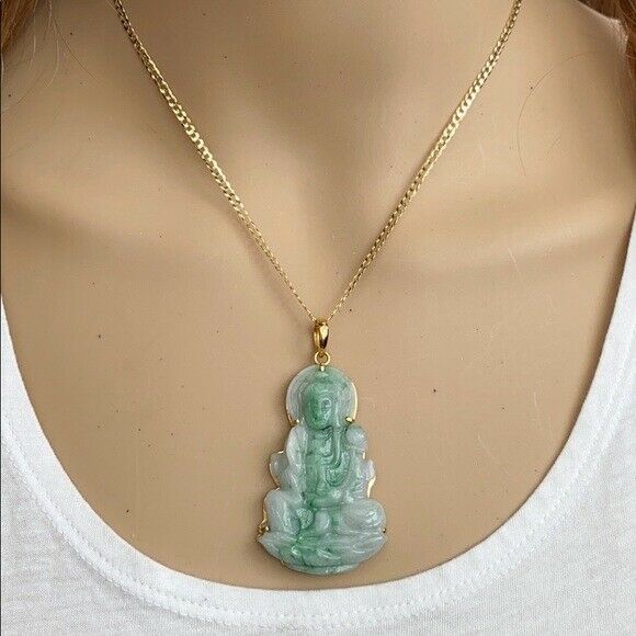 14K Solid Real Yellow Gold Natural Jadeite Jade Kwan Yin Lady Buddha Pendant 702