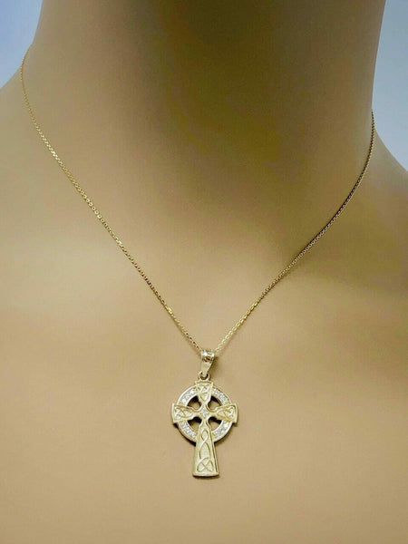 Solid 10k Yellow Gold Diamond Trinity Knot Celtic Cross Pendant Necklace