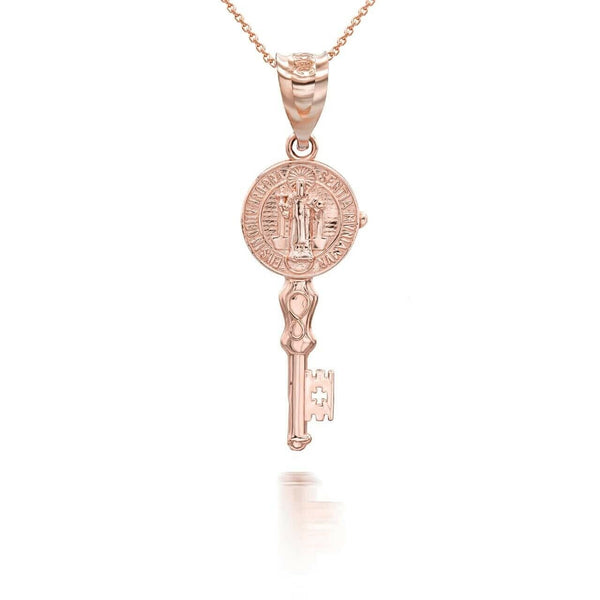 14K Solid Gold St. Saint Benito Key Pendant Necklace - Yellow, Rose, or White