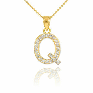 14k Solid Yellow Gold Diamonds Monogram Initial Letter Q Pendant Necklace