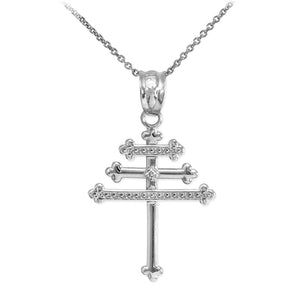 10k Solid White Gold Diamond Maronite Aramaic Cross Pendant Necklace