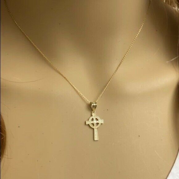 Solid 14k Yellow Gold Irish Celtic Trinity Cross 1" Pendant Necklace