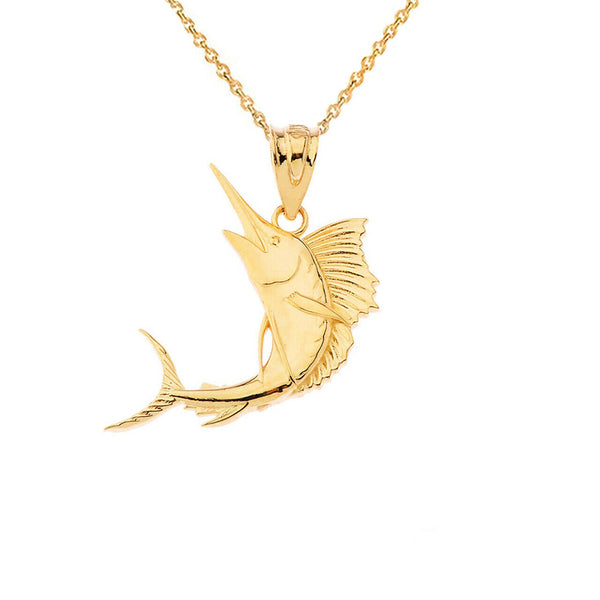 14K Solid Gold Swordfish Pendant Necklace - Yellow, Rose, or White Gold