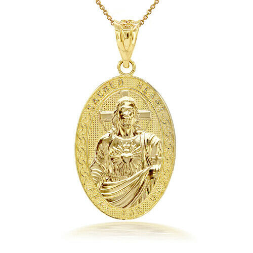 10k Solid Gold 3D Jesus Christ Sacred Heart Narrow Oval Pendant Necklace