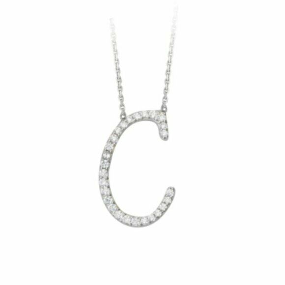 925 Sterling Silver CZ Initial Letter C Necklace Adjustable 16"-18" All Letter