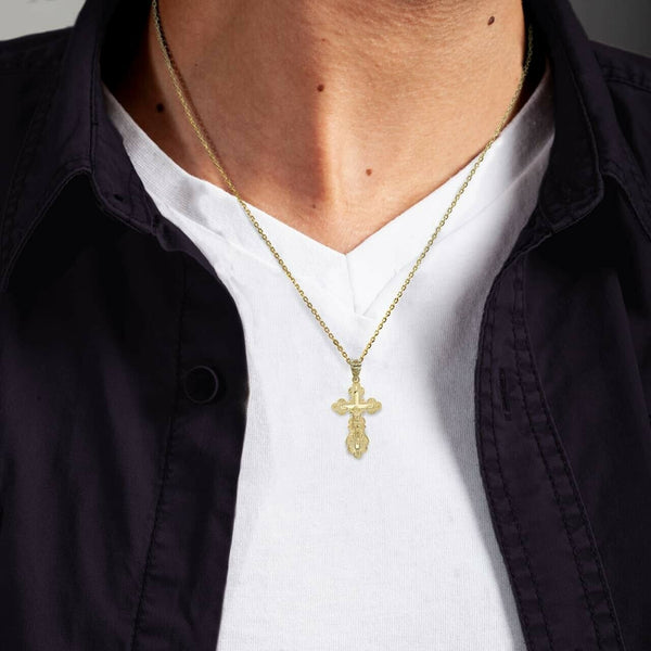10K Solid Gold Orthodox Crucifix Pendant Necklace - Yellow, Rose, or White Gold