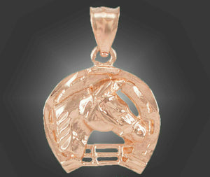 14k Solid Rose Gold Horseshoe with Horse Head Pendant Necklace Luck